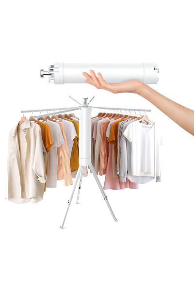 COOYA Foldable Tripod Drying Rack, 16 Poles, 4 Height Levels, For Travelling Indoor Outdoor (Ivory White)