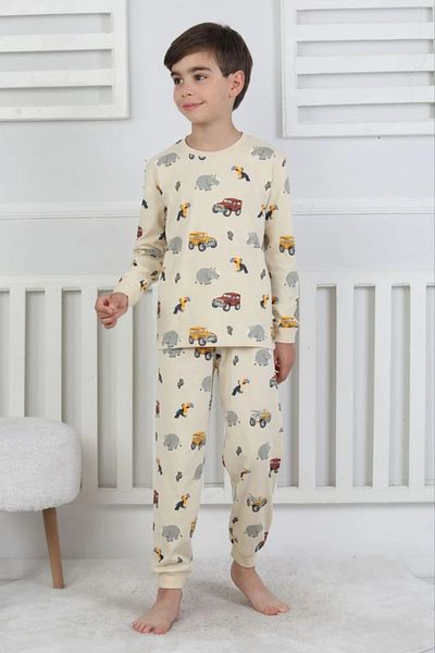 Yağmur Giyim ISOB Beige Safari Patterned 100% Cotton Boys' Pajama Set 3-8 Years 51301-B