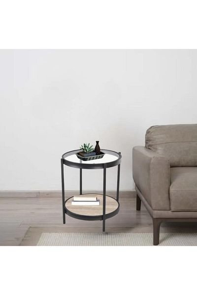 private house Set of 2 single-serve tables with a glass top and beige wood
