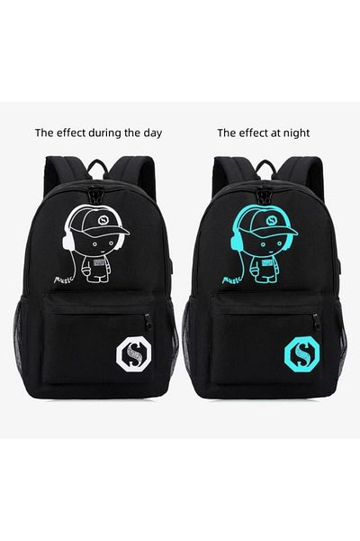 ENAR Anti-Theft Student School Bag Anime Luminous Usb Charge Laptop Computer Backpack Black