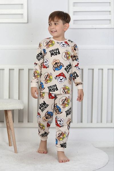 Yağmur Giyim Isob Beige Paw Oil Patterned 100% Cotton Boys Pajamas Set 3-8 Years 51306-B