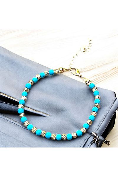 PS ACCESSORİES Dorika Beaded Anklet – Turquoise & Gold Color, Adjustable Handmade Anklet