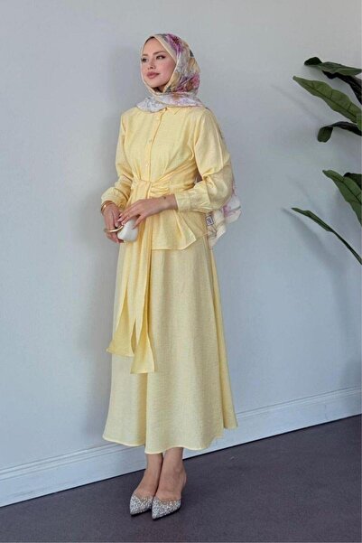 Şulemoda Giyim بدلة تنورة صغيرة مربوطة باللون الأصفر