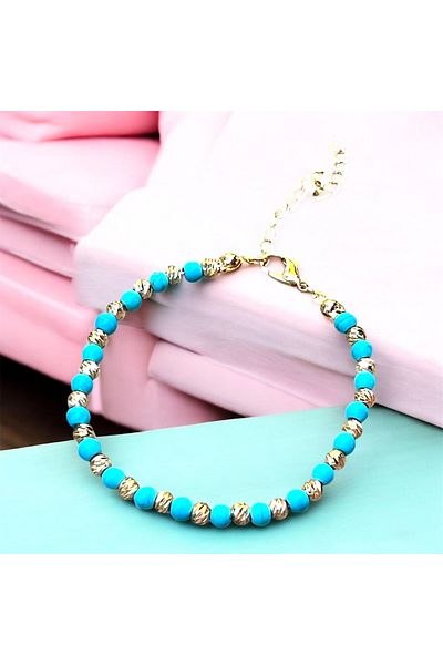 PS ACCESSORİES Dorika Beaded Anklet – Turquoise & Gold Color, Adjustable Handmade Anklet