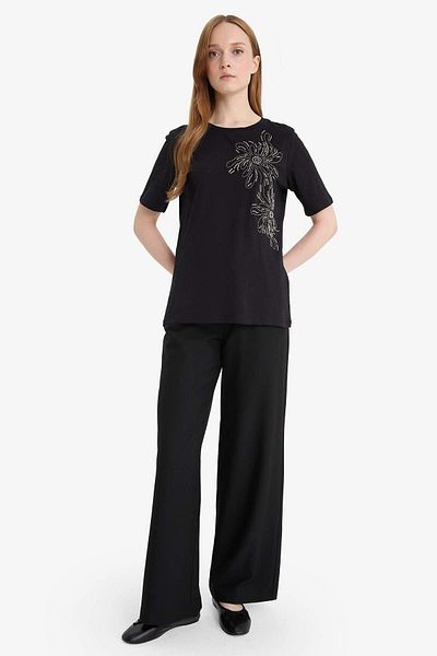DeFacto Regular Fit Crew Neck Embroidery Print Printed Combed Cotton Short Sleeve T-Shirt F6479Ax25Hs