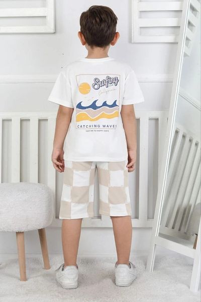 Yağmur Giyim Isob Beige Wave Pattern 100% Cotton Boys Short Sleeve 2 Thread Shorts Suit 3-8 Years 24413-B