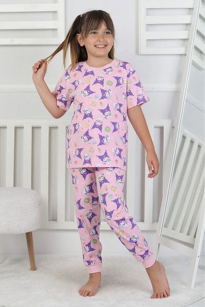 Yağmur Giyim Isob Pink Kuromi Patterned 100% Cotton Girls Short Sleeve Pajamas Set 3-8 Years 41219-P