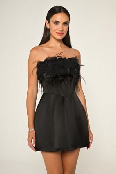 ALFABETA Strapless Top Floral Accessories Matte Satin Short Evening Dress