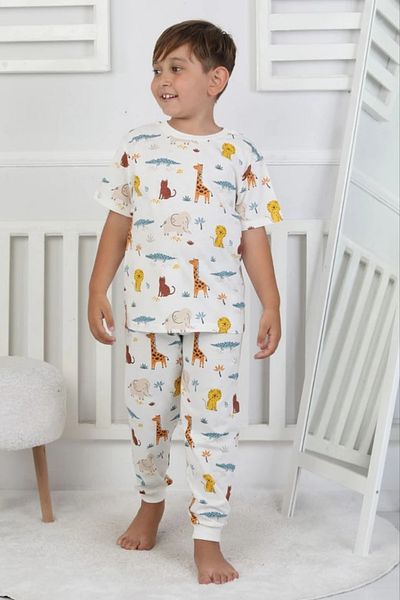 Yağmur Giyim Isob Ecru Animal Kingdom Patterned 100% Cotton Boys Short Sleeve Pajamas Set 3-8 Years 41216-E