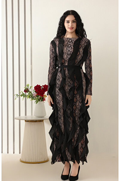 rawayie alyin Leopard evening dress with soft ruffle lines