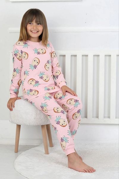 Yağmur Giyim Isob Pink Pineapple Patterned 100% Cotton Girls Pajamas Set 3-13 Years 51204-51405-P