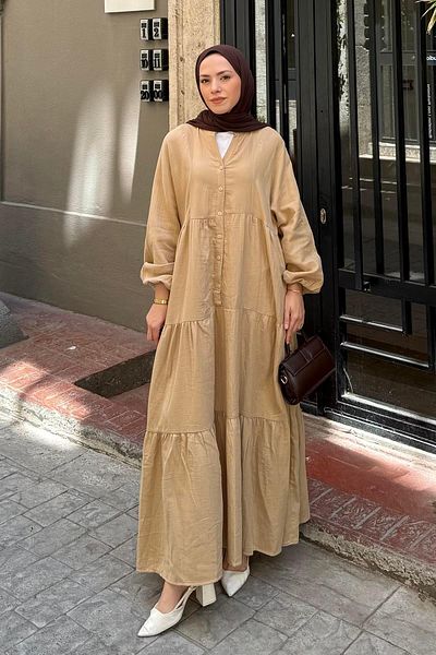 lamelif Front Half Button Detailed Muslin Fabric Hijab Dress Sand Beige