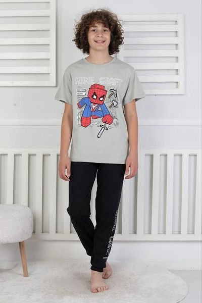 Yağmur Giyim Isob Gray Minec Patterned 100% Cotton Short Sleeve Boys Pajama Set 8-13 Years 41514-g