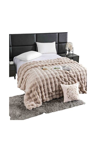 OEM Luxury Blanket for Double Bed with Zipper, Artificial Rabbit Fur, Beige, MS STAR, 200x230 cm