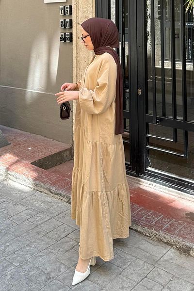 lamelif Front Half Button Detailed Muslin Fabric Hijab Dress Sand Beige