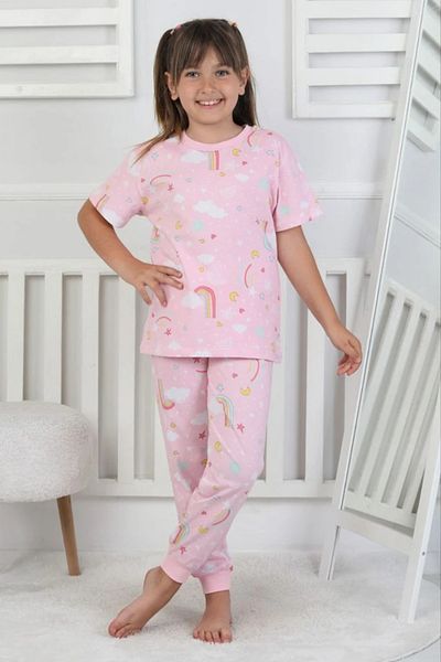 Yağmur Giyim Isob Pink Rainbow Pattern 100% Cotton Girls Short Sleeve Pajamas Set 3-8 Years 41215-P