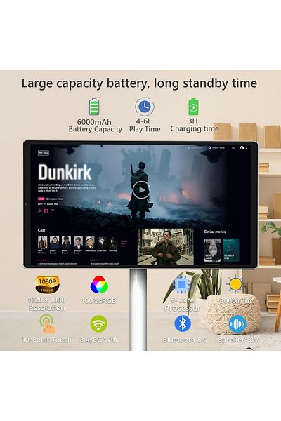 FlashHawk 21.5-Inch Portable TV with Adjustable Floor Touch Screen Smart TV,Build-in Camera,128G Storage,White