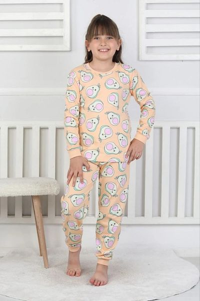 Yağmur Giyim ISOB Salmon Avocado Patterned 100% Cotton Girls' Pajama Set 3-13 Years 51201-51402-S