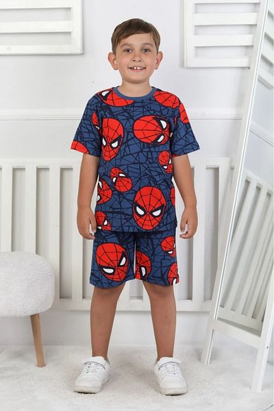Yağmur Giyim Isob Navy Blue Spiderman Patterned 100% Cotton Boys Short Sleeve Shorts Suit 3-8 Years 41325-L