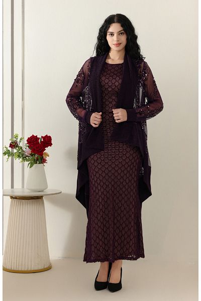 rawayie alyin Royal purple evening dress with embroidered chiffon jacket