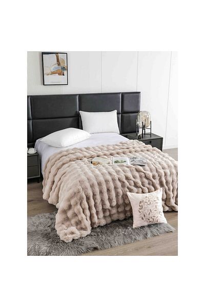 OEM Luxury Blanket for Double Bed with Zipper, Artificial Rabbit Fur, Beige, MS STAR, 200x230 cm