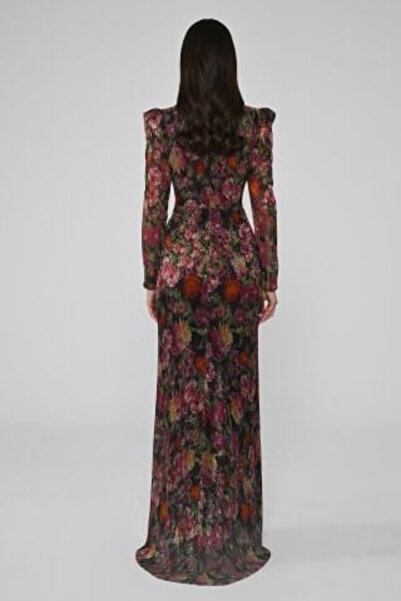 ALFABETA V Yaka Taşlı Tokalı Vatkalı Piliseli Kumaş Uzun Abiye Elbise Alfa Beta