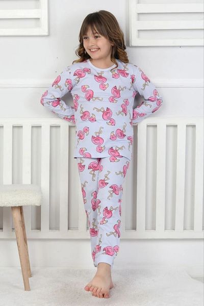 Yağmur Giyim Isob Lilac Flamingo Patterned 100% Cotton Girls Pajamas Set 3-8 Years 51203-L