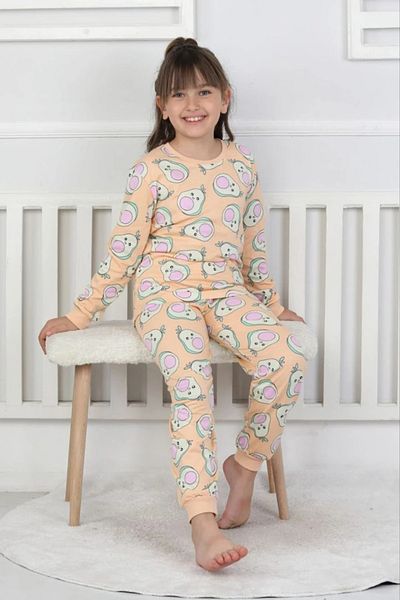 Yağmur Giyim ISOB Salmon Avocado Patterned 100% Cotton Girls' Pajama Set 3-13 Years 51201-51402-S