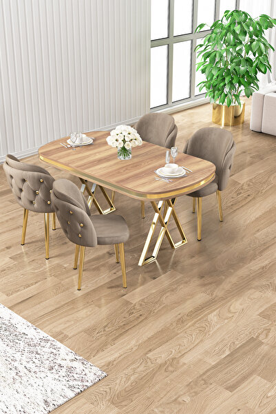 Canisa Zae Serisi 90x168 Lak Panel Hazar Gold Ayak Masa Takımı 4 Cappucino Sa...