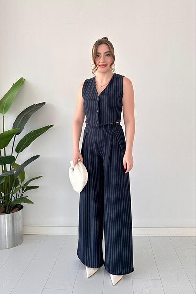MaziButik Striped Vest Suit Navy Blue