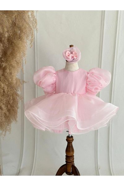 Hobidik Pink Organza Stoned Fluffy Tulle Girl's Birthday Dress, Party Dress