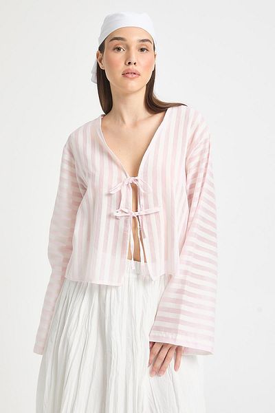 minaaise Pink Modal Fabric Striped Front Tie Blouse 29292