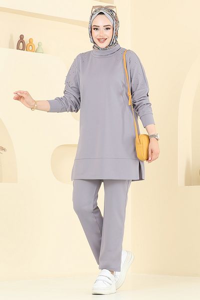 ModaMerve High Neck Degaje Collar Suit 2711Ayd969-M Gray