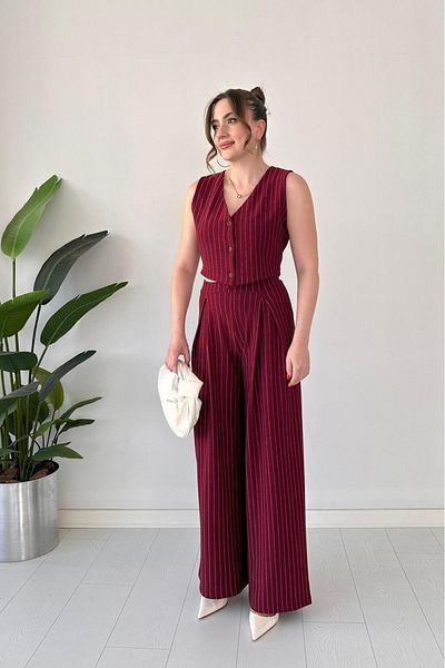 MaziButik Striped Vest Suit Claret Red