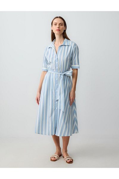 Jimmy Key Blue Shirt Collar Elbow Sleeve Striped Midi Woven Dress