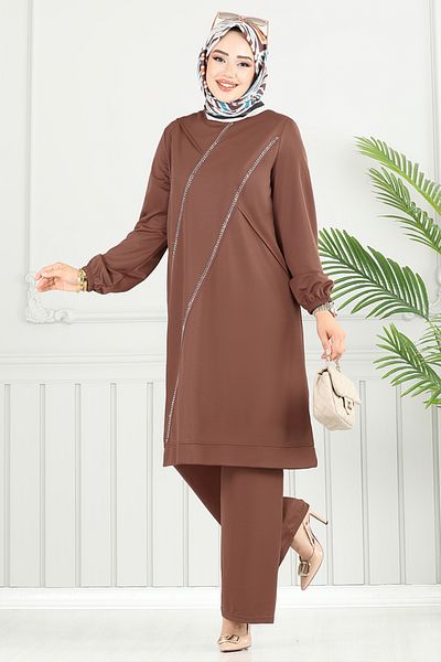 ModaMerve Σετ Hijab με ελαστική μανσέτα 428DVL897-M Καφέ