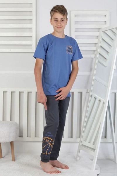 Yağmur Giyim Isob Blue Basketball Ball Pattern 100% Cotton Short Sleeve Boys Pajamas Set 8-13 Years 41516-m