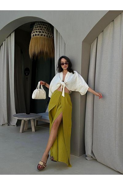 minaaise Oil Green Slit Detailed Muslin Trousers 29231