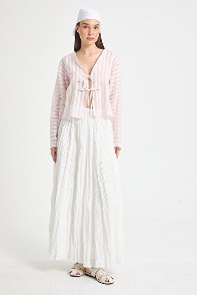 minaaise Ροζ Modal υφασμάτινη ριγέ μπλούζα με δέσιμο μπροστά 29292