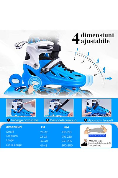 Elindor Adjustable roller skates for children and adults, silicone light wheels, size S 29-32, Blue