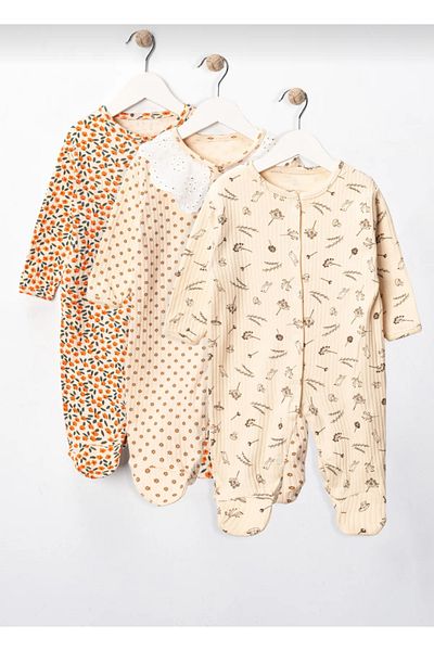 Baby Wings Baby Girl Floral Patterned 3-6-9 Months 3-Piece Cotton 3-Piece Jumpsuit with Booties