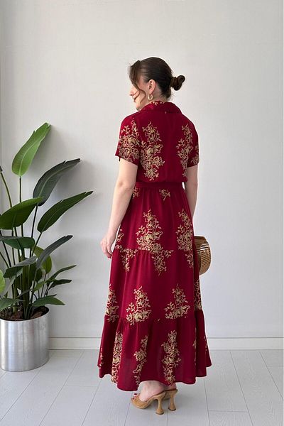 MaziButik Large Pattern Viscose Dress Burgundy