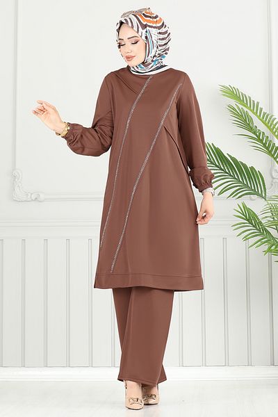 ModaMerve Σετ Hijab με ελαστική μανσέτα 428DVL897-M Καφέ