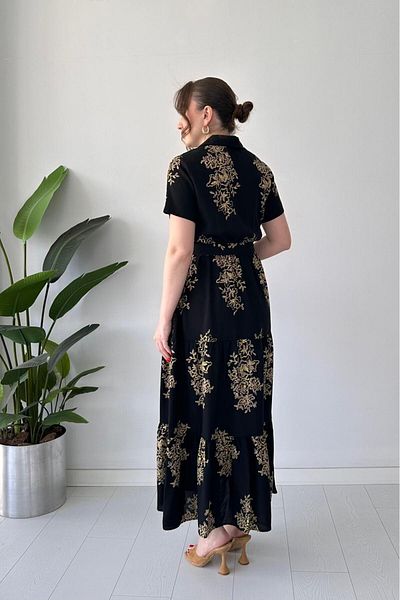 MaziButik Large Pattern Viscose Dress Black