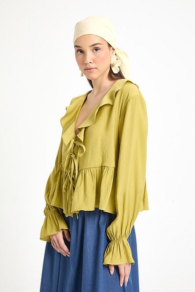 minaaise Oil Green 100% Modal Ruffle Detailed Front Tie Blouse 29255
