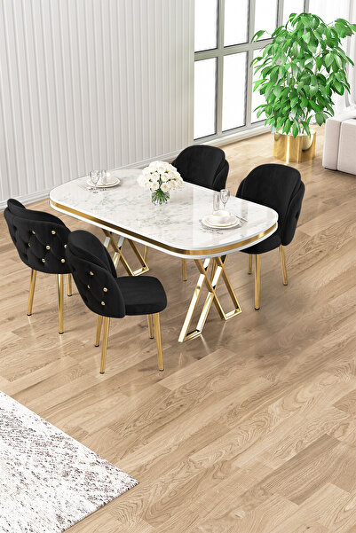 Canisa Zae Serisi 90x168 Lak Panel Beyaz Mermer Desen Gold Ayak Masa Takımı 4...