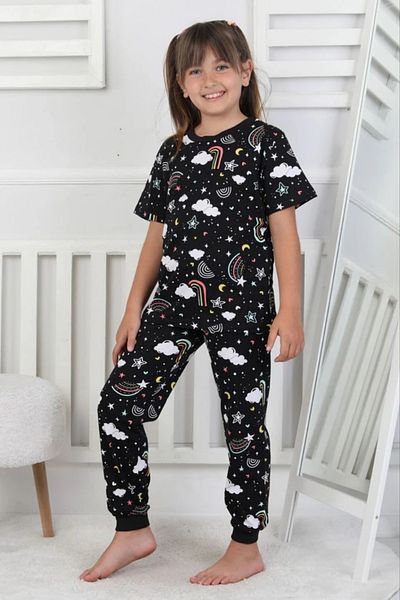 Yağmur Giyim Isob Black Rainbow Pattern 100% Cotton Girls Short Sleeve Pajamas Set 3-8 Years 41215-S