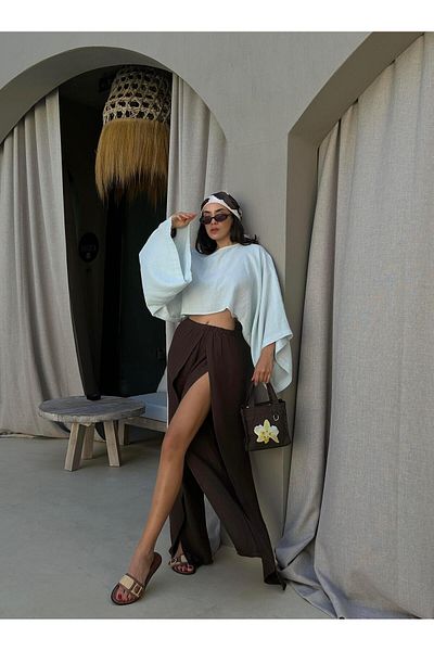 minaaise Brown Slit Detailed Muslin Trousers 29231