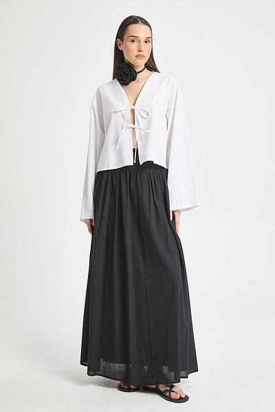 minaaise Black Waist Gipe Elastic Voile Lined Long Skirt 29269
