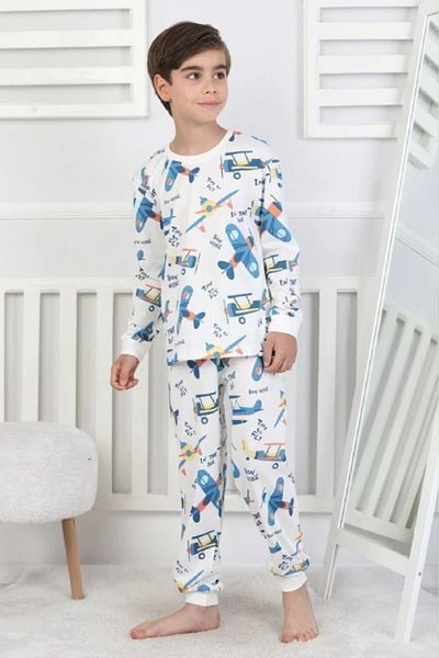 Yağmur Giyim Isob Ecru Airplane Patterned 100% Cotton Boys Pajama Set 3-8 Years 51307-E